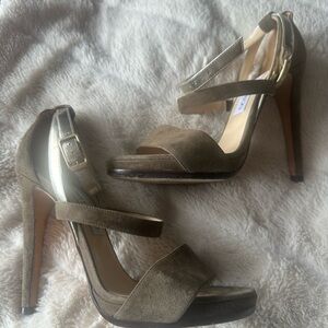 Jimmy Choo Taupe/olive greenish and Gold Heels